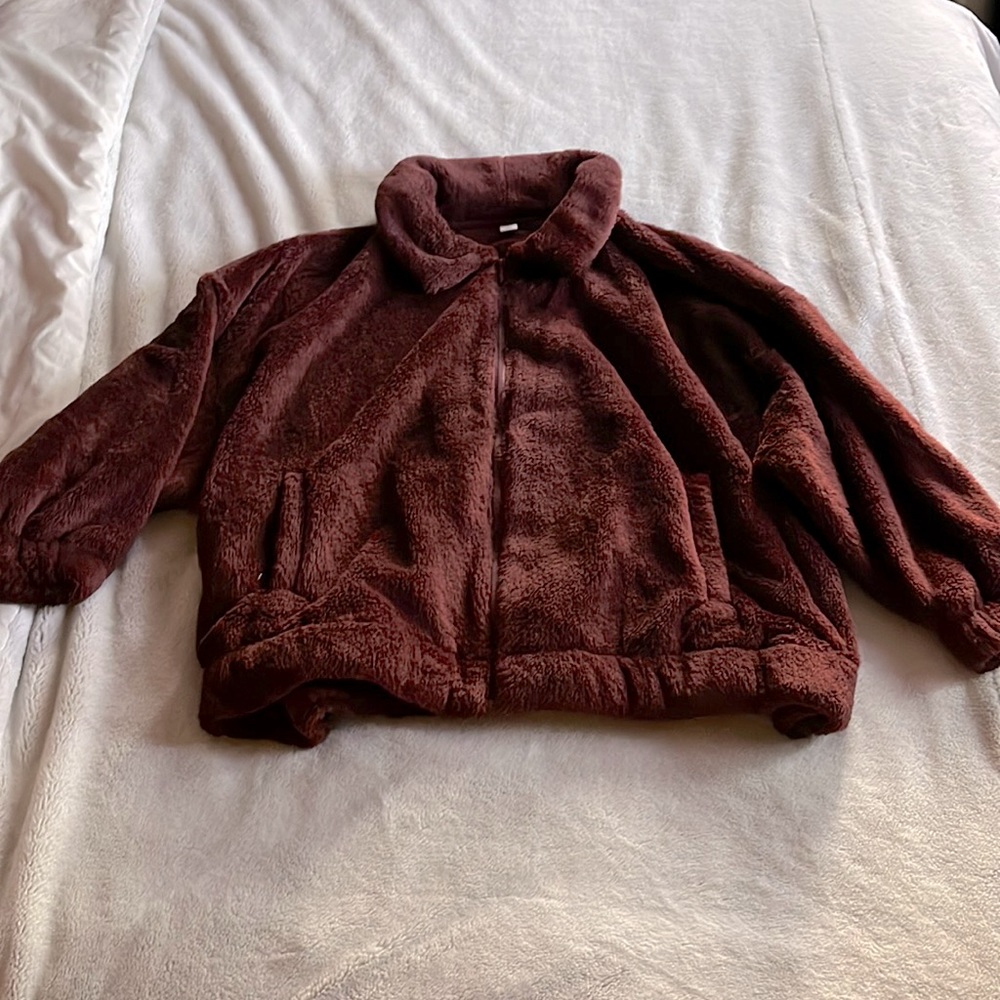 Maroon Soft and Fuzzy Zip Up Oversized Jacket